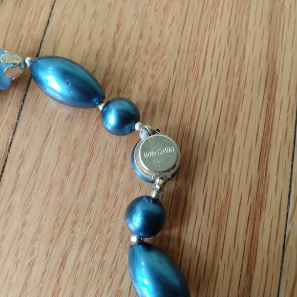 Vintage Blue Gold Beaded Necklace Retro Plastic Mid-Century Made in Hong Kong - Picture 8 of 12
